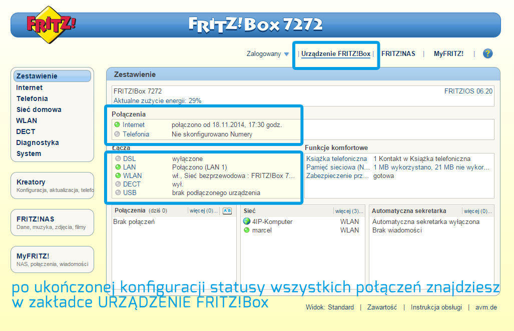 FRITZ!Box - statusy połączeń sieciowych
