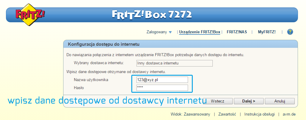 8. FRITZ!Box - dane dostępowe do łącza DSL