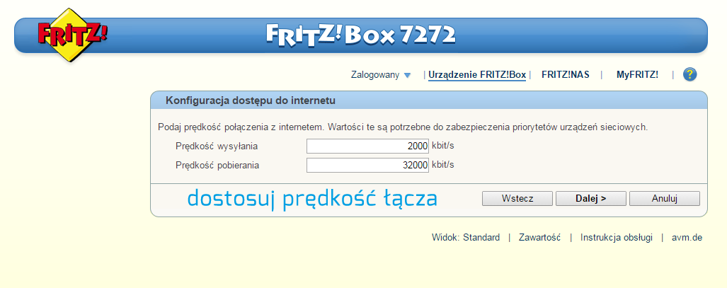 FRITZ!Box - ustawienia prędkości łącza