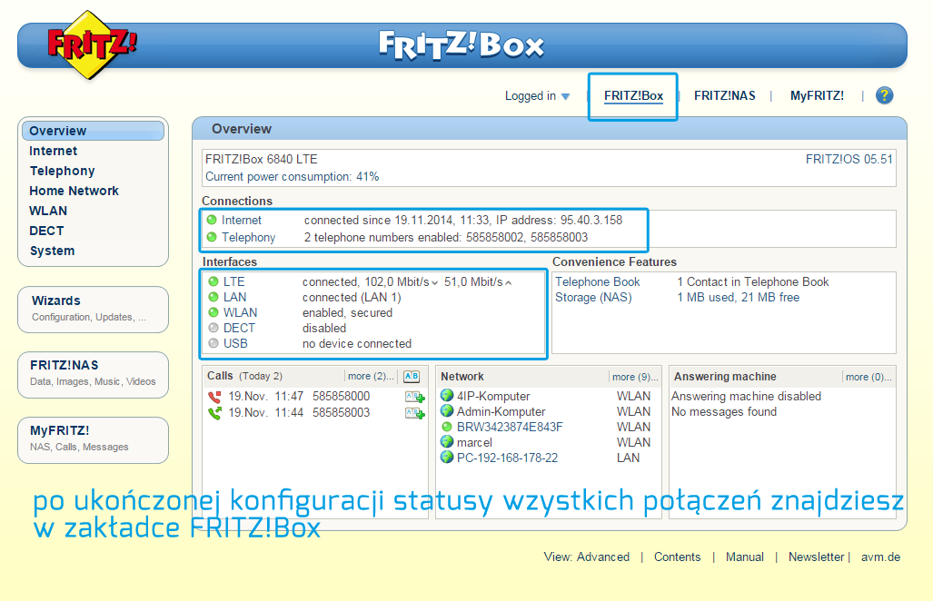 FRITZ!Box - statusy połączeń sieciowych