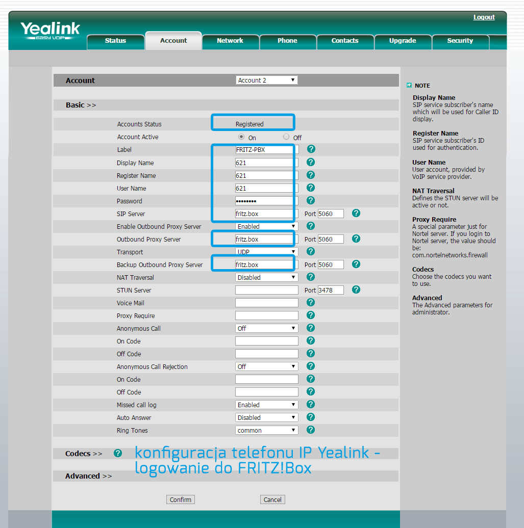 Dane dostępowe FRITZ!Box w konfiguracji telefonu Yealink