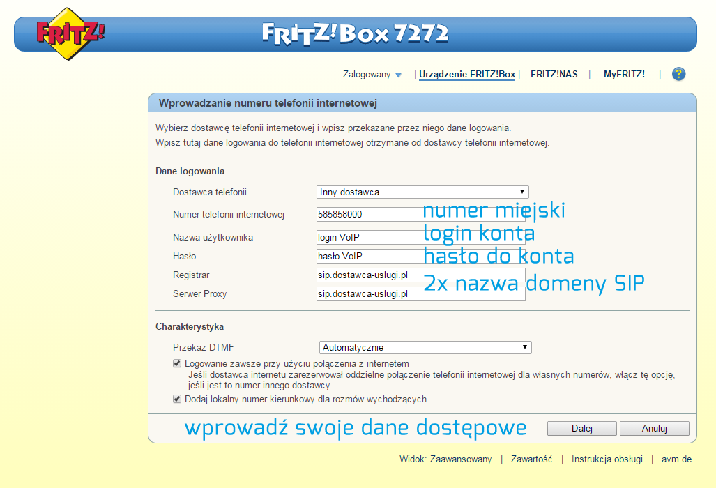 FRITZ!Box - rejestracja konta VoIP