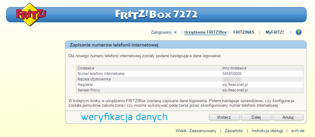 FRITZ!Box - weryfikacja danych