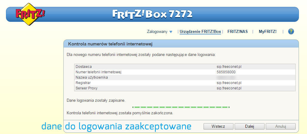 FRITZ!Box - pomyślna rejestracja VoIP