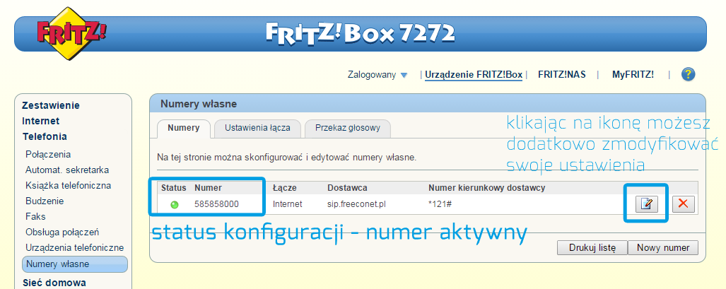 FRITZ!Box - aktywne konto VoIP
