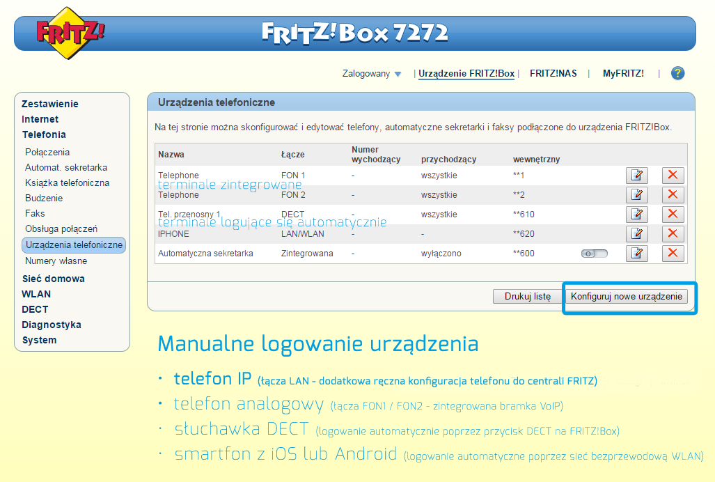FRITZ!Box - manualne logowanie telefonów